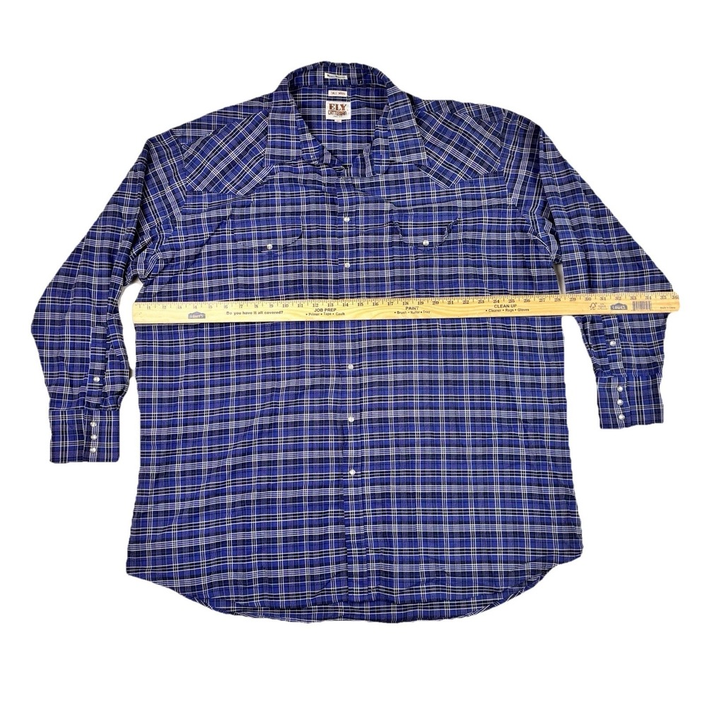 Ely Cattleman Shirt Mens 4XL (20/36) Tall Blue Plaid Pearl Snap Vintage - Picture 3 of 5